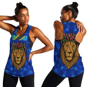Tanzania Simba Lion Women Racerback Tank - Floral Crown and Blue Mosaic Design