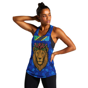 Tanzania Simba Lion Women Racerback Tank - Floral Crown and Blue Mosaic Design