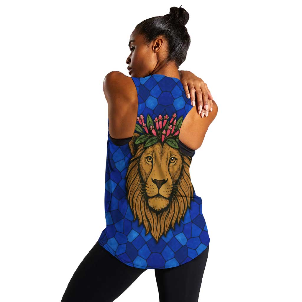Tanzania Simba Lion Women Racerback Tank - Floral Crown and Blue Mosaic Design