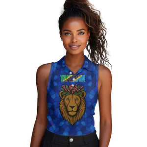 Tanzania Simba Lion Women Sleeveless Polo Shirt - Floral Crown and Blue Mosaic Design