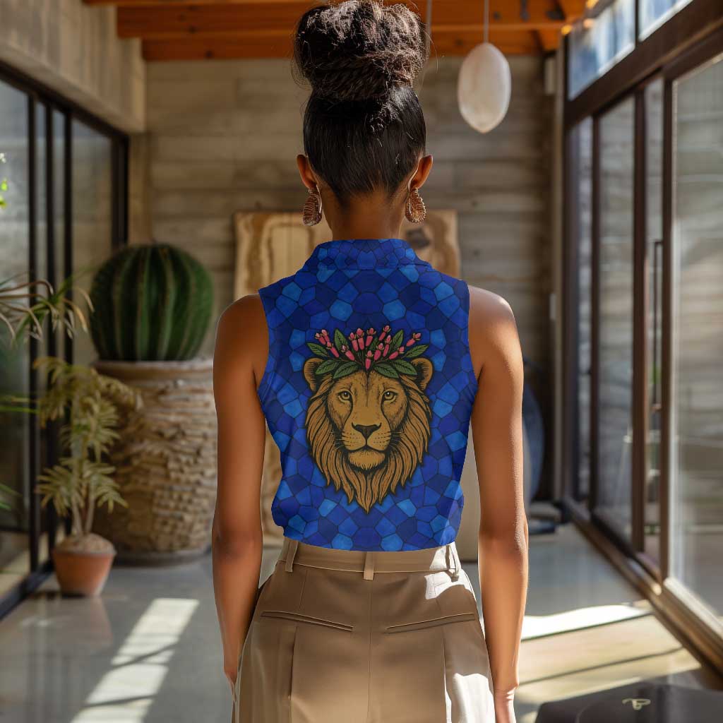 Tanzania Simba Lion Women Sleeveless Polo Shirt - Floral Crown and Blue Mosaic Design