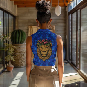 Tanzania Simba Lion Women Sleeveless Polo Shirt - Floral Crown and Blue Mosaic Design