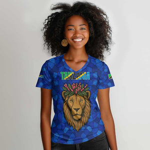 Tanzania Simba Lion Women V-Neck T-Shirt - Floral Crown and Blue Mosaic Design