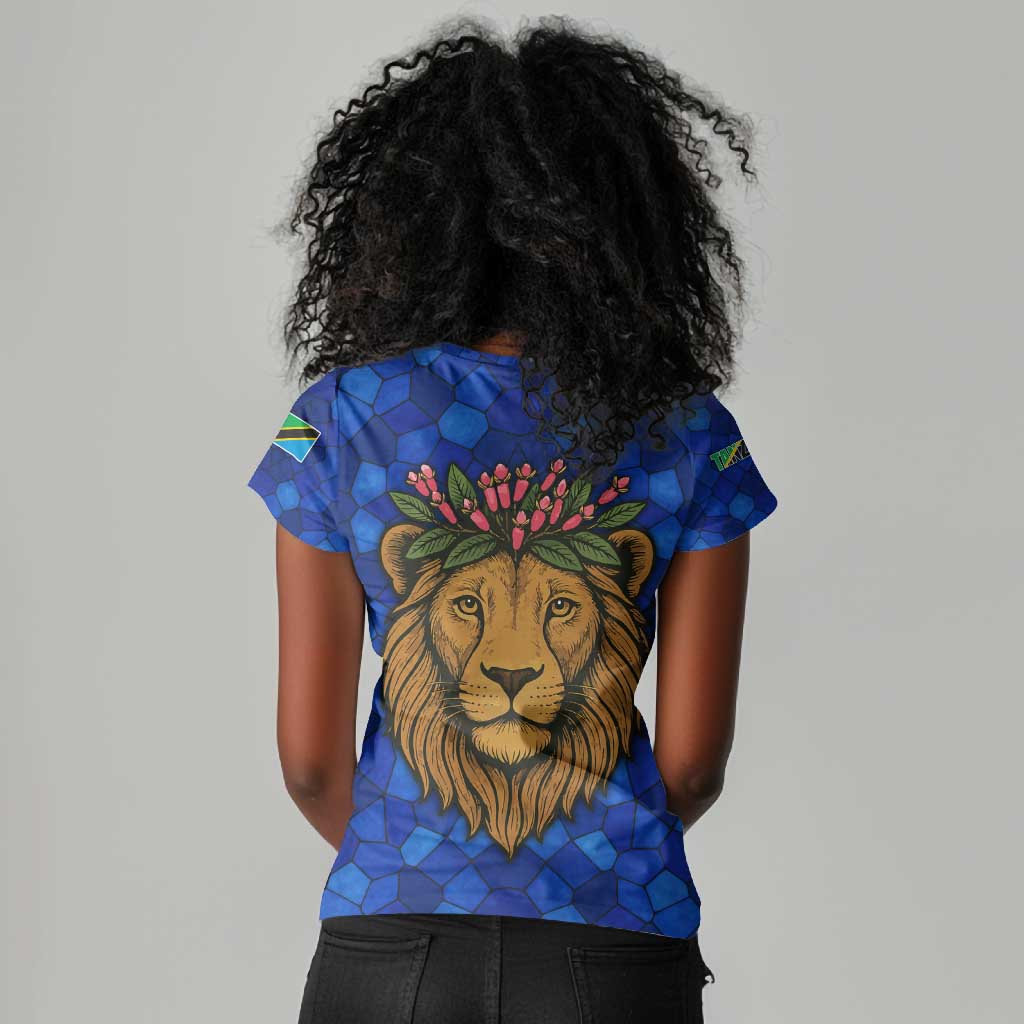 Tanzania Simba Lion Women V-Neck T-Shirt - Floral Crown and Blue Mosaic Design
