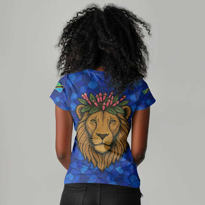 Tanzania Simba Lion Women V-Neck T-Shirt - Floral Crown and Blue Mosaic Design