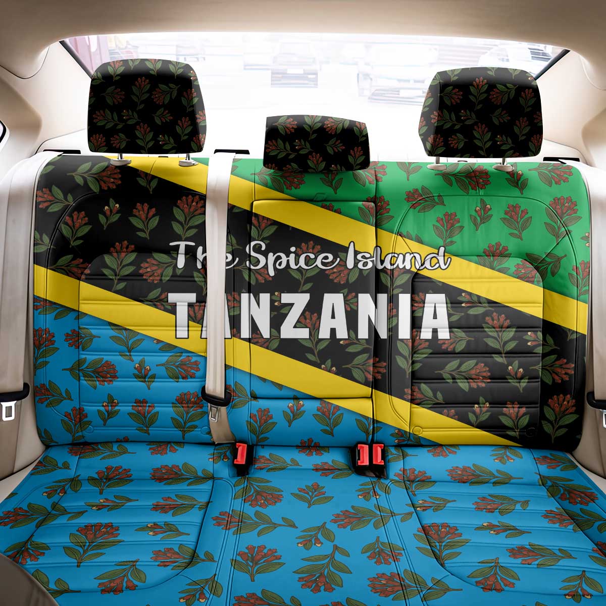 Tanzania Spice Island Back Car Seat Cover with Clove Leaf Pattern and National Flag Colors