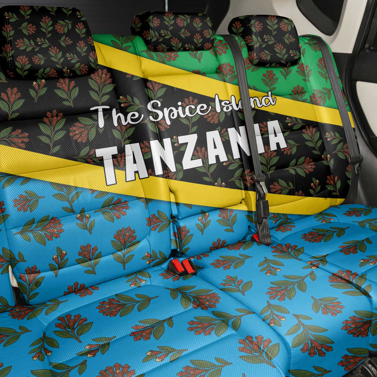 Tanzania Spice Island Back Car Seat Cover with Clove Leaf Pattern and National Flag Colors