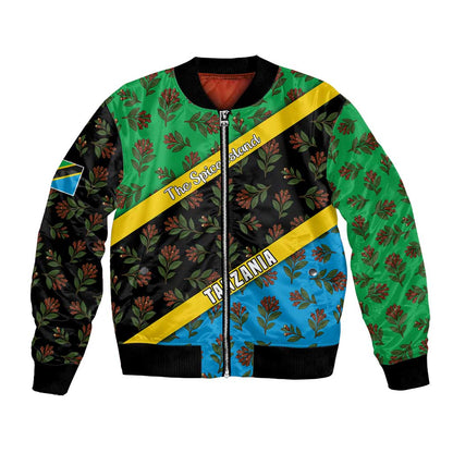 Tanzania Spice Island Bomber Jacket with Clove Leaf Pattern and National Flag Colors
