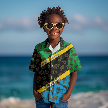 Tanzania Spice Island Kid Hawaiian Shirt with Clove Leaf Pattern and National Flag Colors