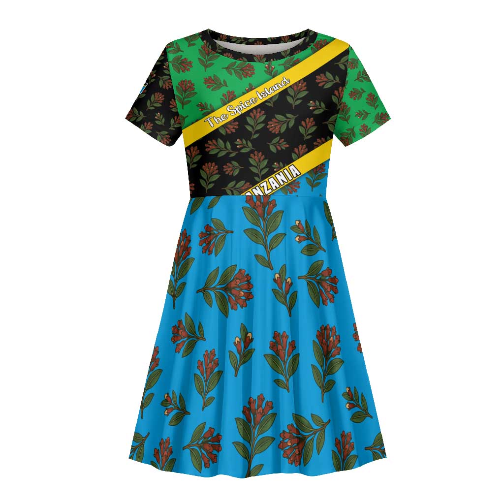 Tanzania Spice Island Kid Short Sleeve Dress with Clove Leaf Pattern and National Flag Colors