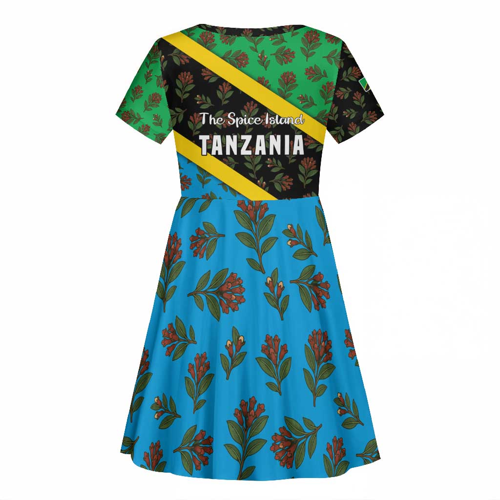 Tanzania Spice Island Kid Short Sleeve Dress with Clove Leaf Pattern and National Flag Colors