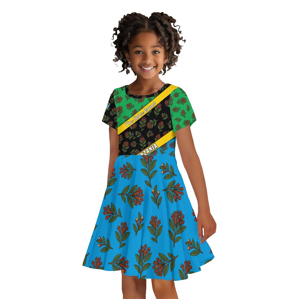Tanzania Spice Island Kid Short Sleeve Dress with Clove Leaf Pattern and National Flag Colors