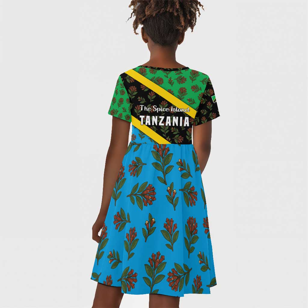 Tanzania Spice Island Kid Short Sleeve Dress with Clove Leaf Pattern and National Flag Colors