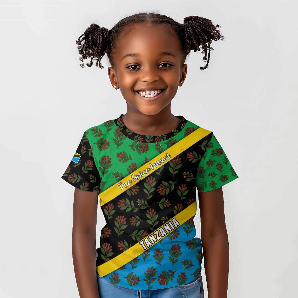 Tanzania Spice Island Kid T shirt with Clove Leaf Pattern and National Flag Colors