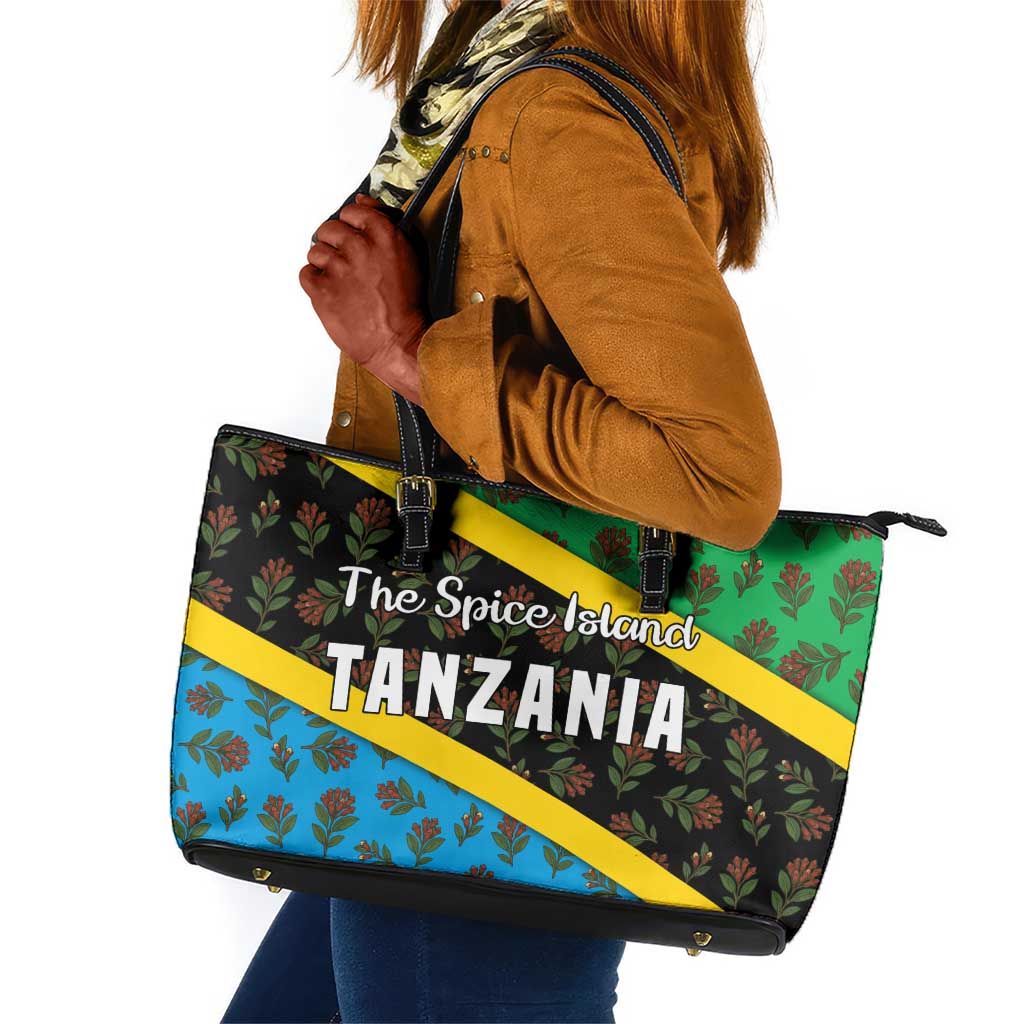 Tanzania Spice Island Leather Tote Bag with Clove Leaf Pattern and National Flag Colors