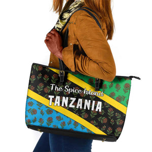 Tanzania Spice Island Leather Tote Bag with Clove Leaf Pattern and National Flag Colors