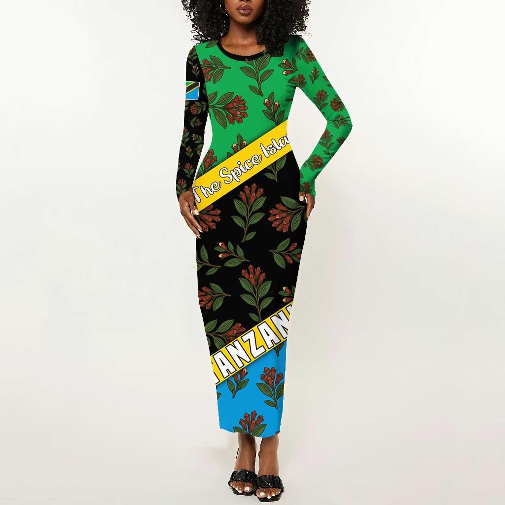 Tanzania Spice Island Long Sleeve Bodycon Dress with Clove Leaf Pattern and National Flag Colors