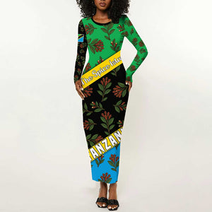 Tanzania Spice Island Long Sleeve Bodycon Dress with Clove Leaf Pattern and National Flag Colors