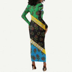 Tanzania Spice Island Long Sleeve Bodycon Dress with Clove Leaf Pattern and National Flag Colors
