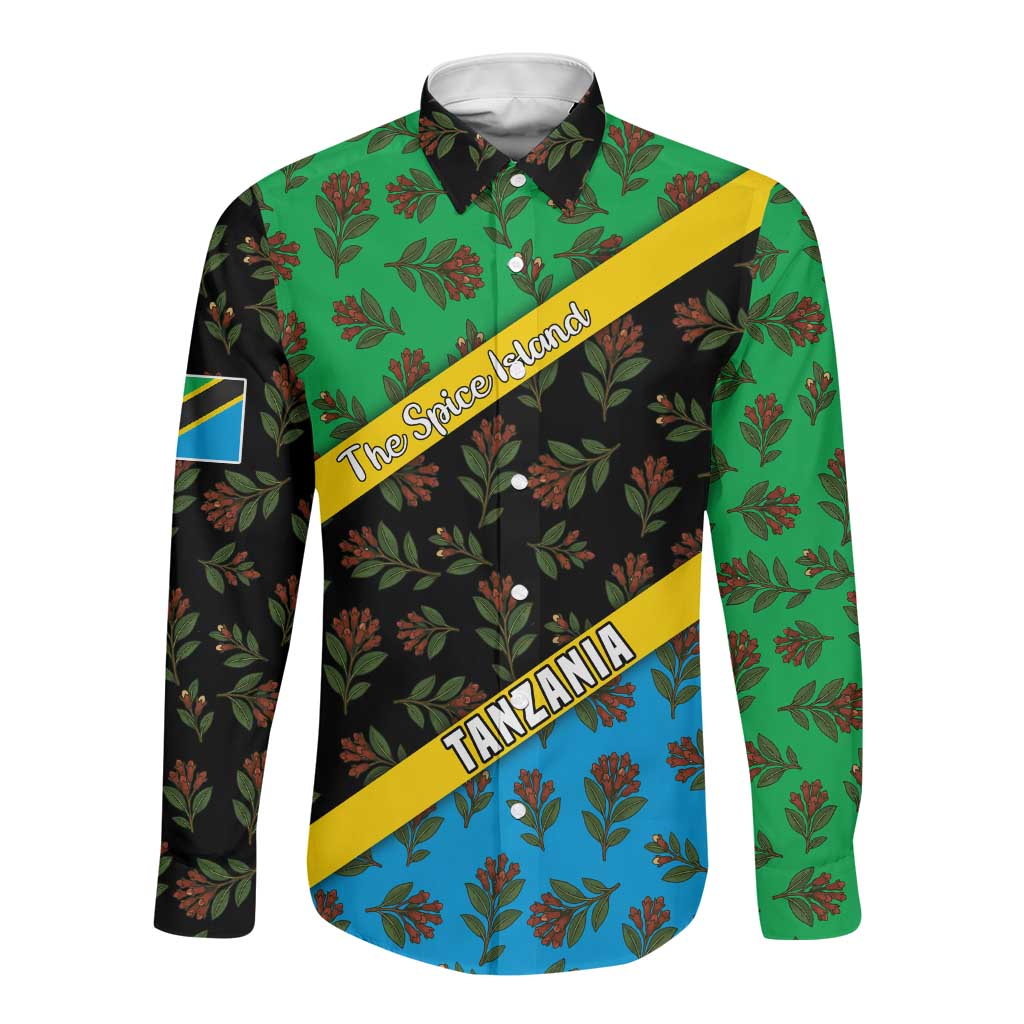 Tanzania Spice Island Long Sleeve Button Shirt with Clove Leaf Pattern and National Flag Colors