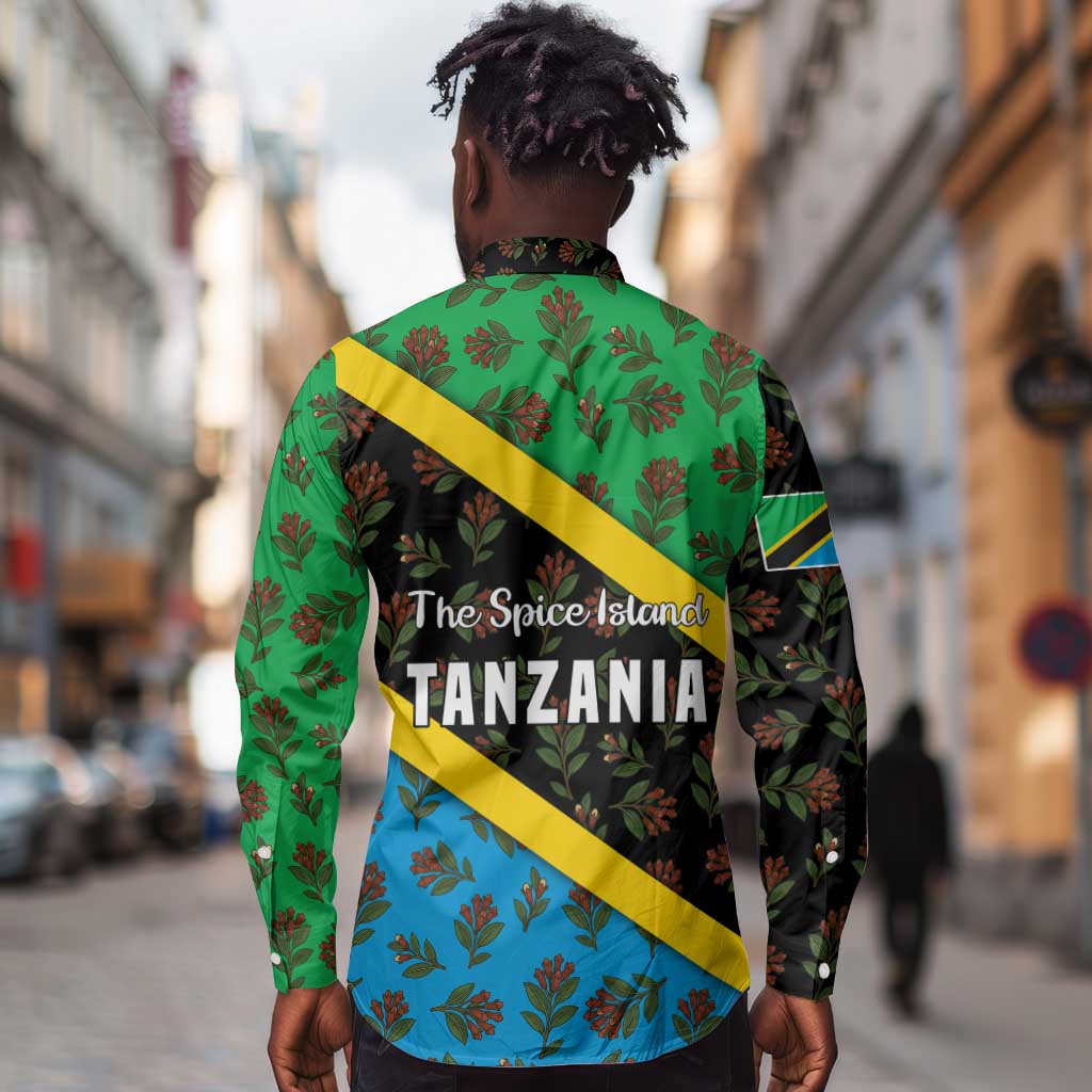 Tanzania Spice Island Long Sleeve Button Shirt with Clove Leaf Pattern and National Flag Colors