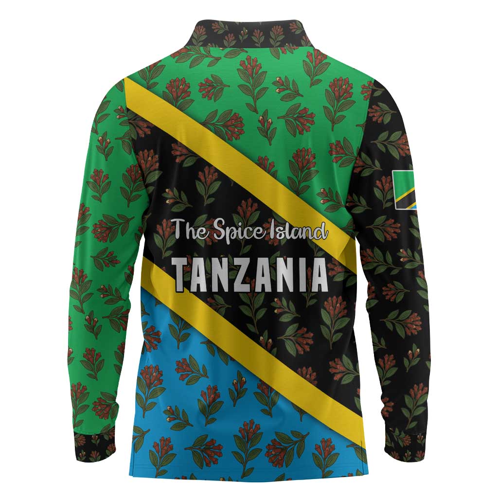 Tanzania Spice Island Long Sleeve Polo Shirt with Clove Leaf Pattern and National Flag Colors