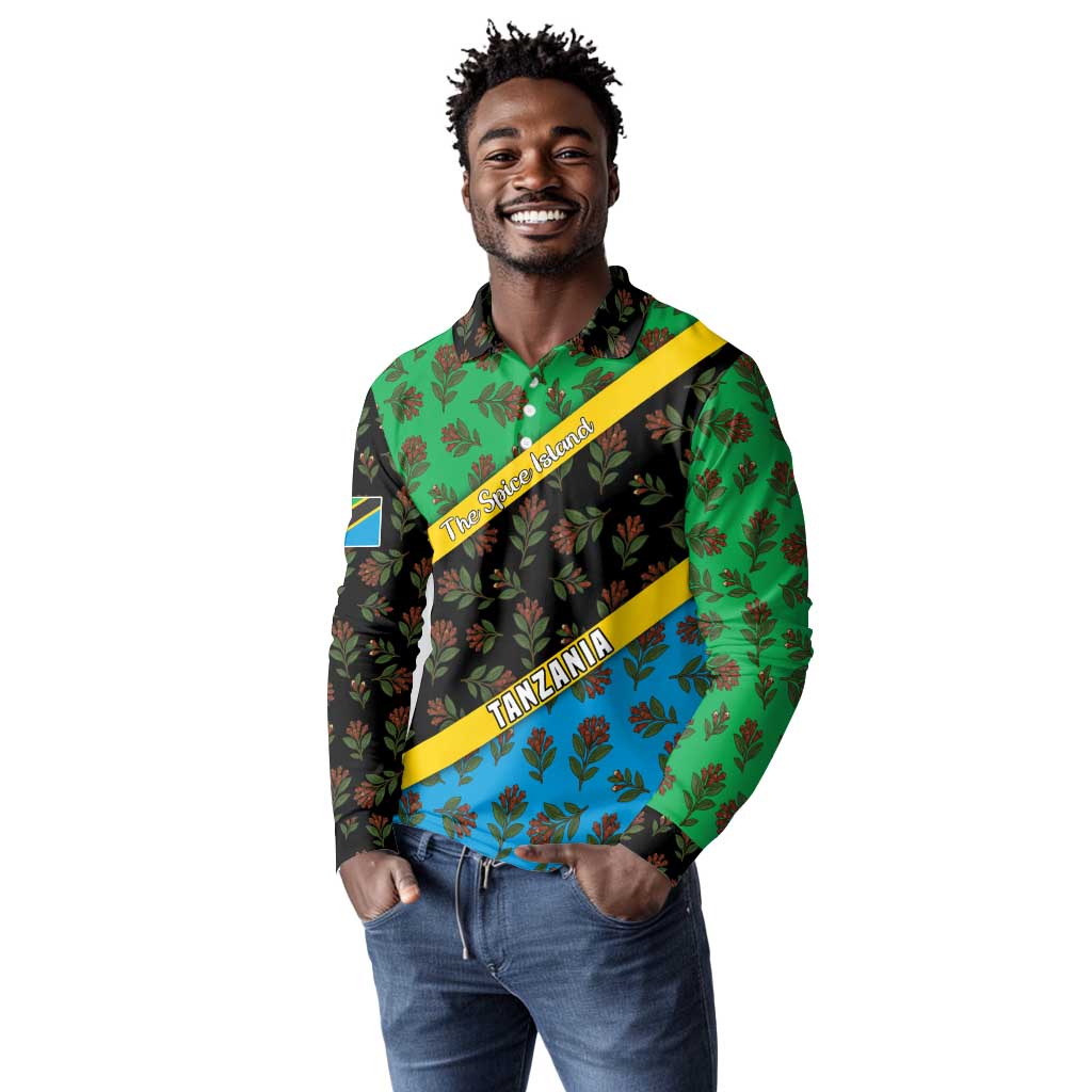 Tanzania Spice Island Long Sleeve Polo Shirt with Clove Leaf Pattern and National Flag Colors