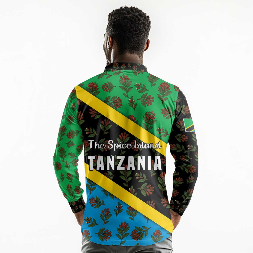 Tanzania Spice Island Long Sleeve Polo Shirt with Clove Leaf Pattern and National Flag Colors