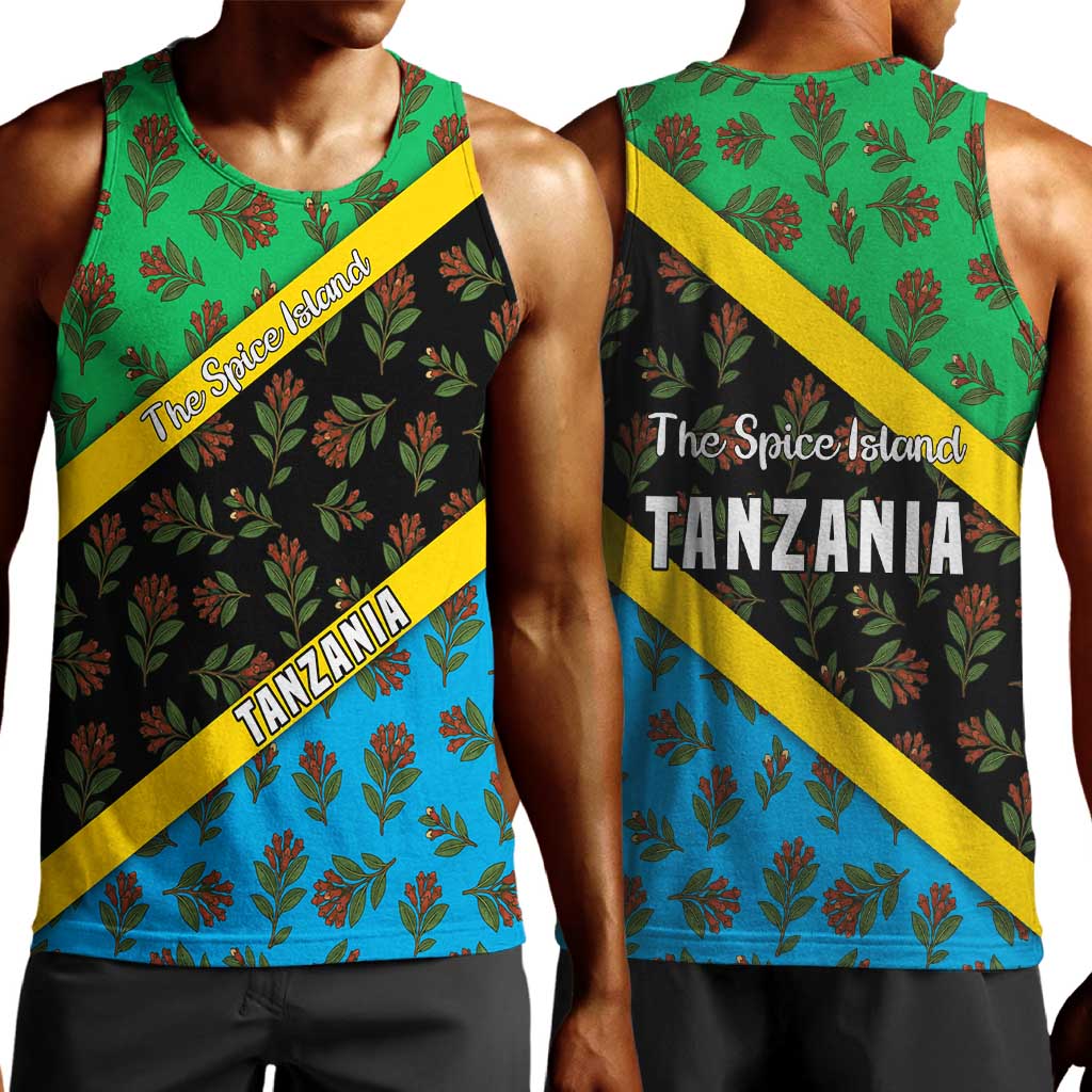 Tanzania Spice Island Men Tank Top with Clove Leaf Pattern and National Flag Colors