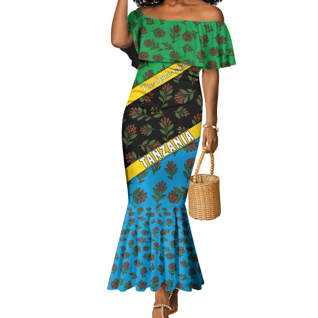 Tanzania Spice Island Mermaid Dress with Clove Leaf Pattern and National Flag Colors