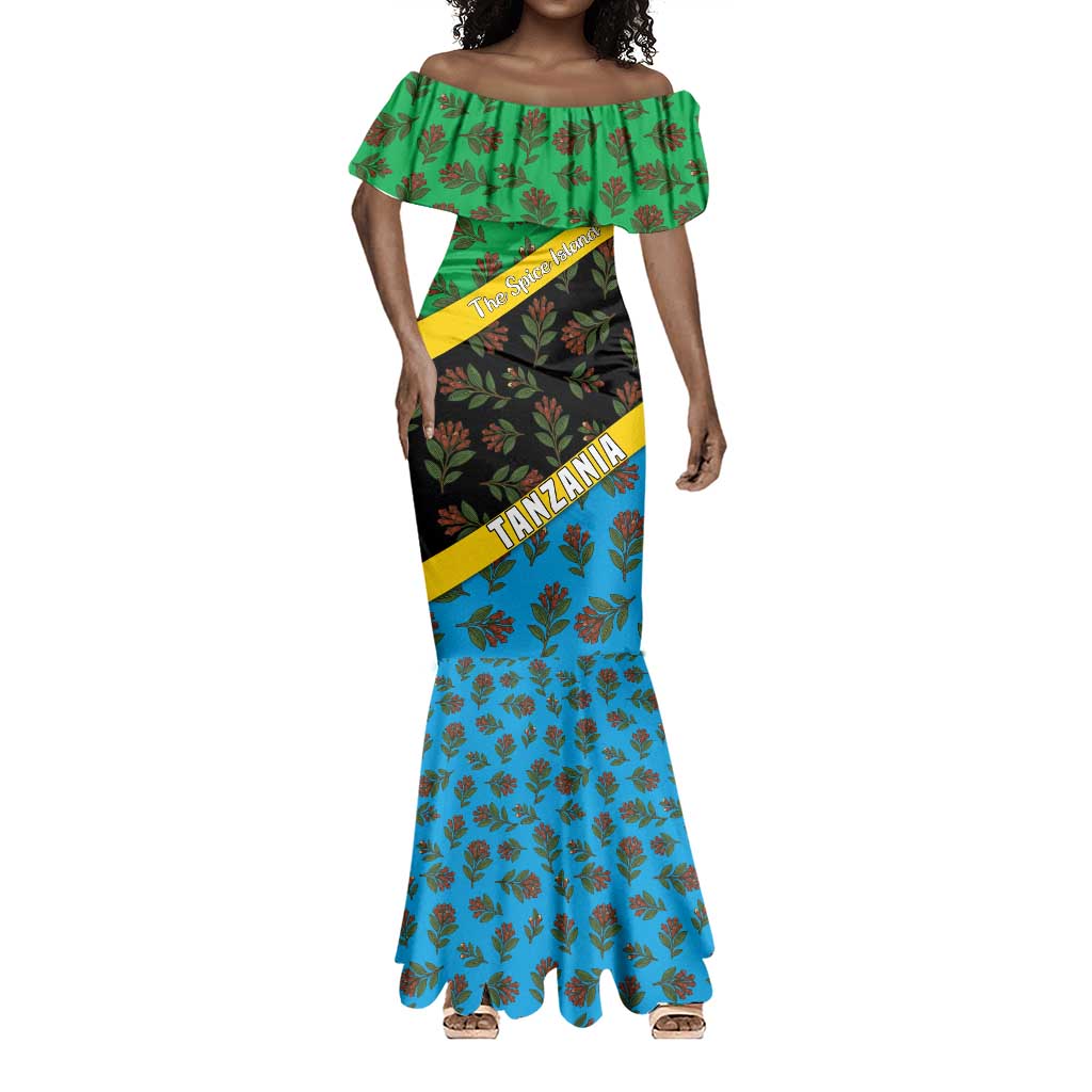 Tanzania Spice Island Mermaid Dress with Clove Leaf Pattern and National Flag Colors