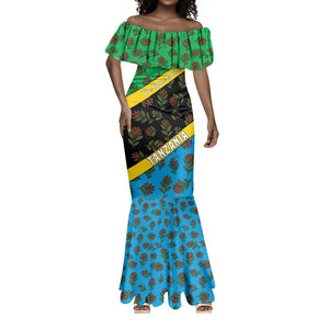 Tanzania Spice Island Mermaid Dress with Clove Leaf Pattern and National Flag Colors
