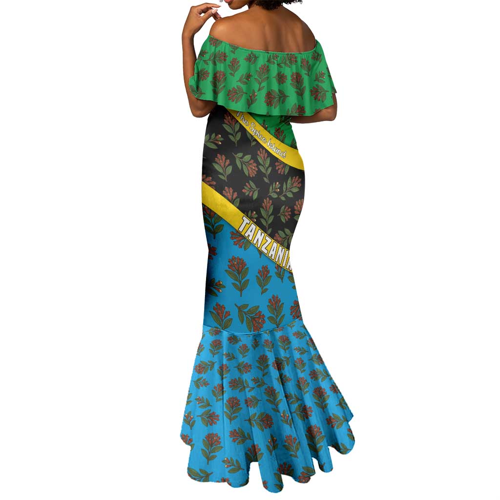 Tanzania Spice Island Mermaid Dress with Clove Leaf Pattern and National Flag Colors