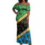 Tanzania Spice Island Off Shoulder Maxi Dress with Clove Leaf Pattern and National Flag Colors