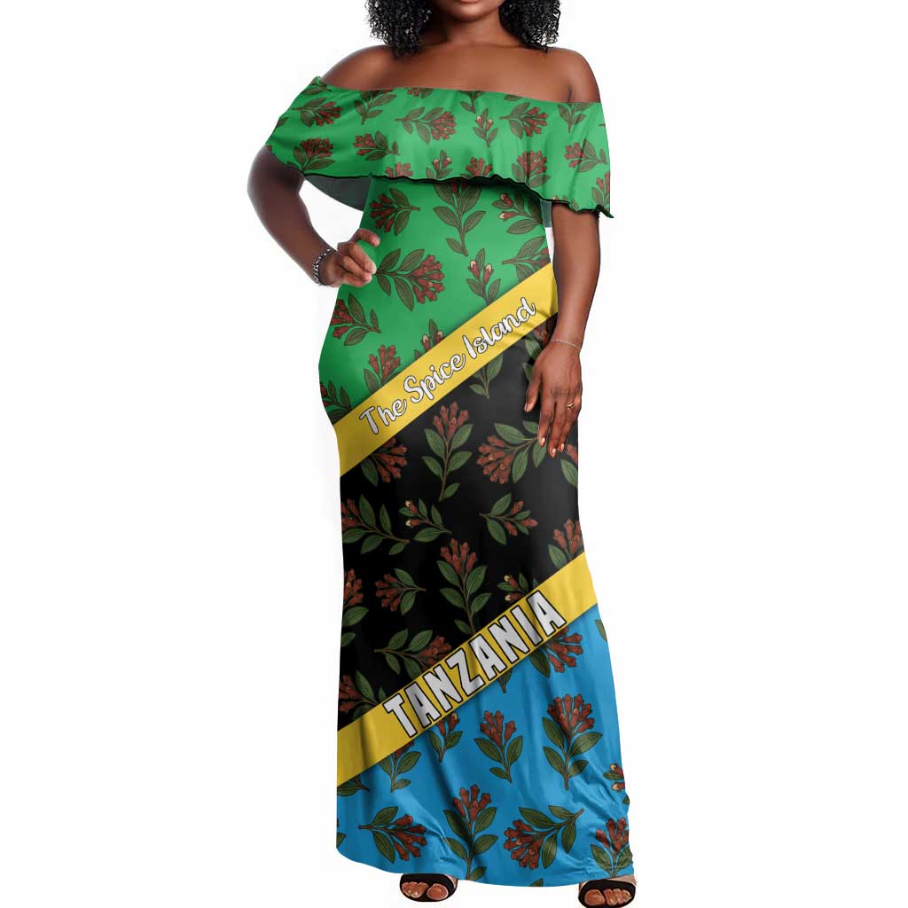 Tanzania Spice Island Off Shoulder Maxi Dress with Clove Leaf Pattern and National Flag Colors