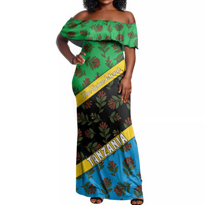 Tanzania Spice Island Off Shoulder Maxi Dress with Clove Leaf Pattern and National Flag Colors