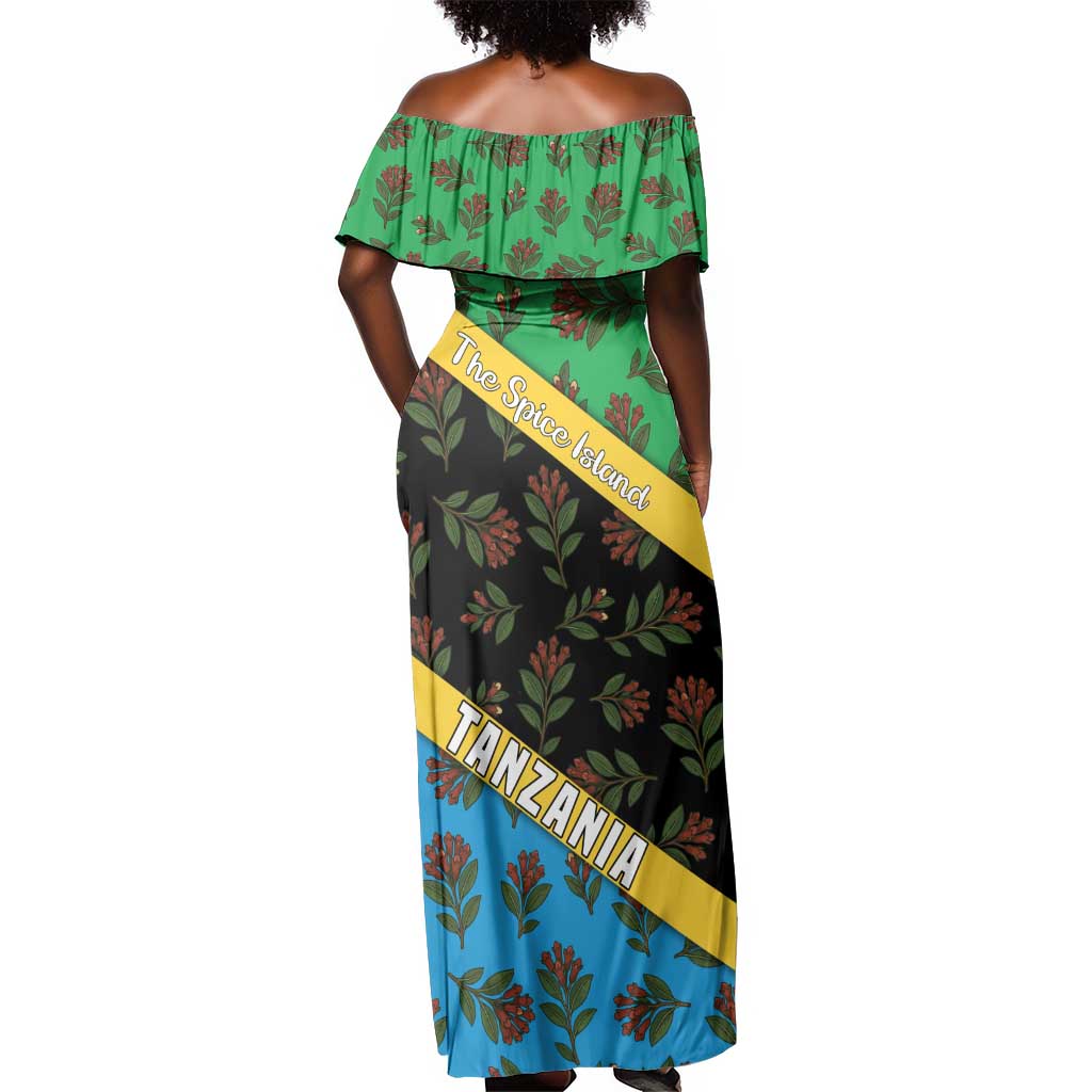 Tanzania Spice Island Off Shoulder Maxi Dress with Clove Leaf Pattern and National Flag Colors