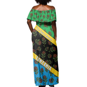 Tanzania Spice Island Off Shoulder Maxi Dress with Clove Leaf Pattern and National Flag Colors