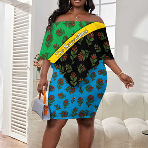 Tanzania Spice Island Off Shoulder Short Dress with Clove Leaf Pattern and National Flag Colors
