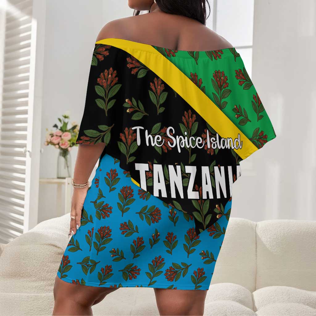 Tanzania Spice Island Off Shoulder Short Dress with Clove Leaf Pattern and National Flag Colors