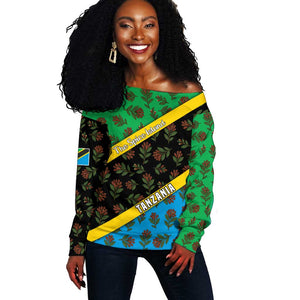 Tanzania Spice Island Off Shoulder Sweater with Clove Leaf Pattern and National Flag Colors