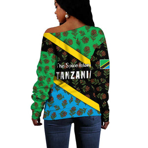 Tanzania Spice Island Off Shoulder Sweater with Clove Leaf Pattern and National Flag Colors