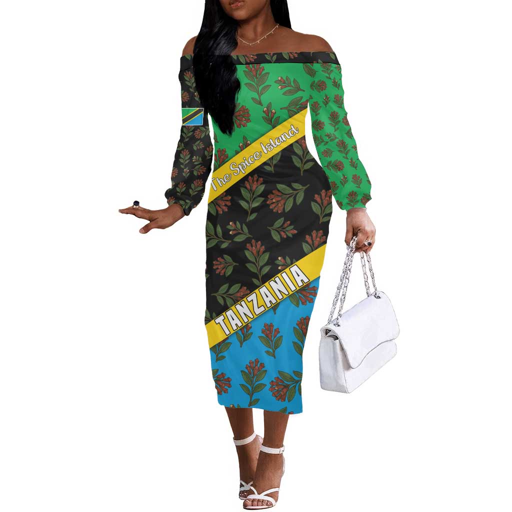 Tanzania Spice Island Off The Shoulder Long Sleeve Dress with Clove Leaf Pattern and National Flag Colors