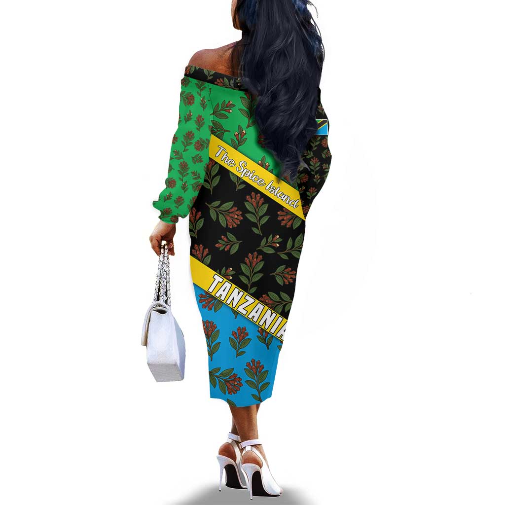 Tanzania Spice Island Off The Shoulder Long Sleeve Dress with Clove Leaf Pattern and National Flag Colors