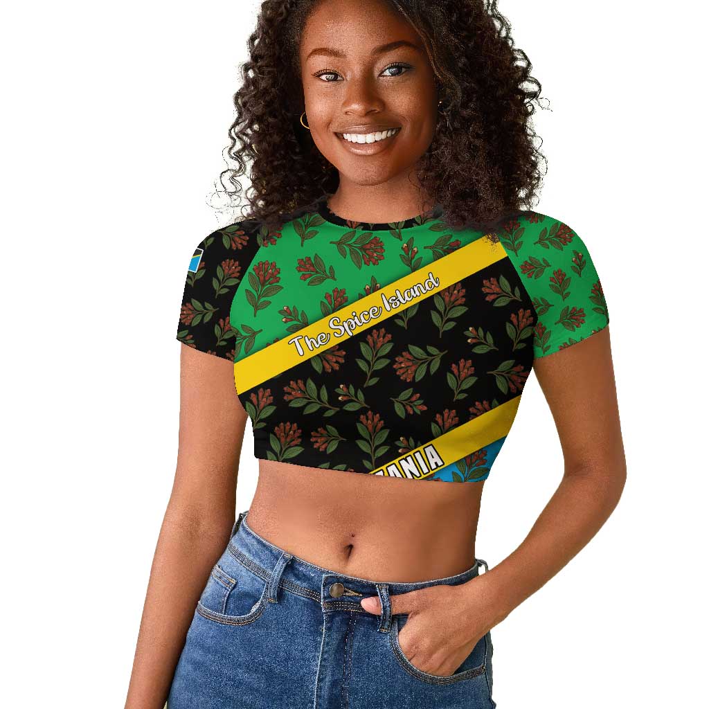 Tanzania Spice Island Raglan Cropped T shirt with Clove Leaf Pattern and National Flag Colors