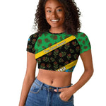 Tanzania Spice Island Raglan Cropped T shirt with Clove Leaf Pattern and National Flag Colors