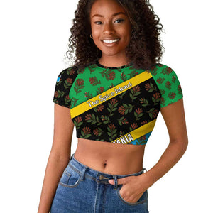 Tanzania Spice Island Raglan Cropped T shirt with Clove Leaf Pattern and National Flag Colors