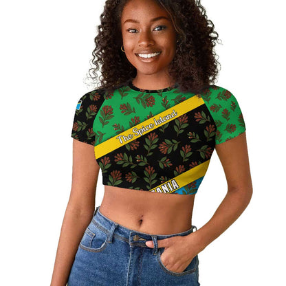 Tanzania Spice Island Raglan Cropped T shirt with Clove Leaf Pattern and National Flag Colors