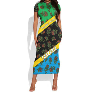 Tanzania Spice Island Short Sleeve Bodycon Dress with Clove Leaf Pattern and National Flag Colors