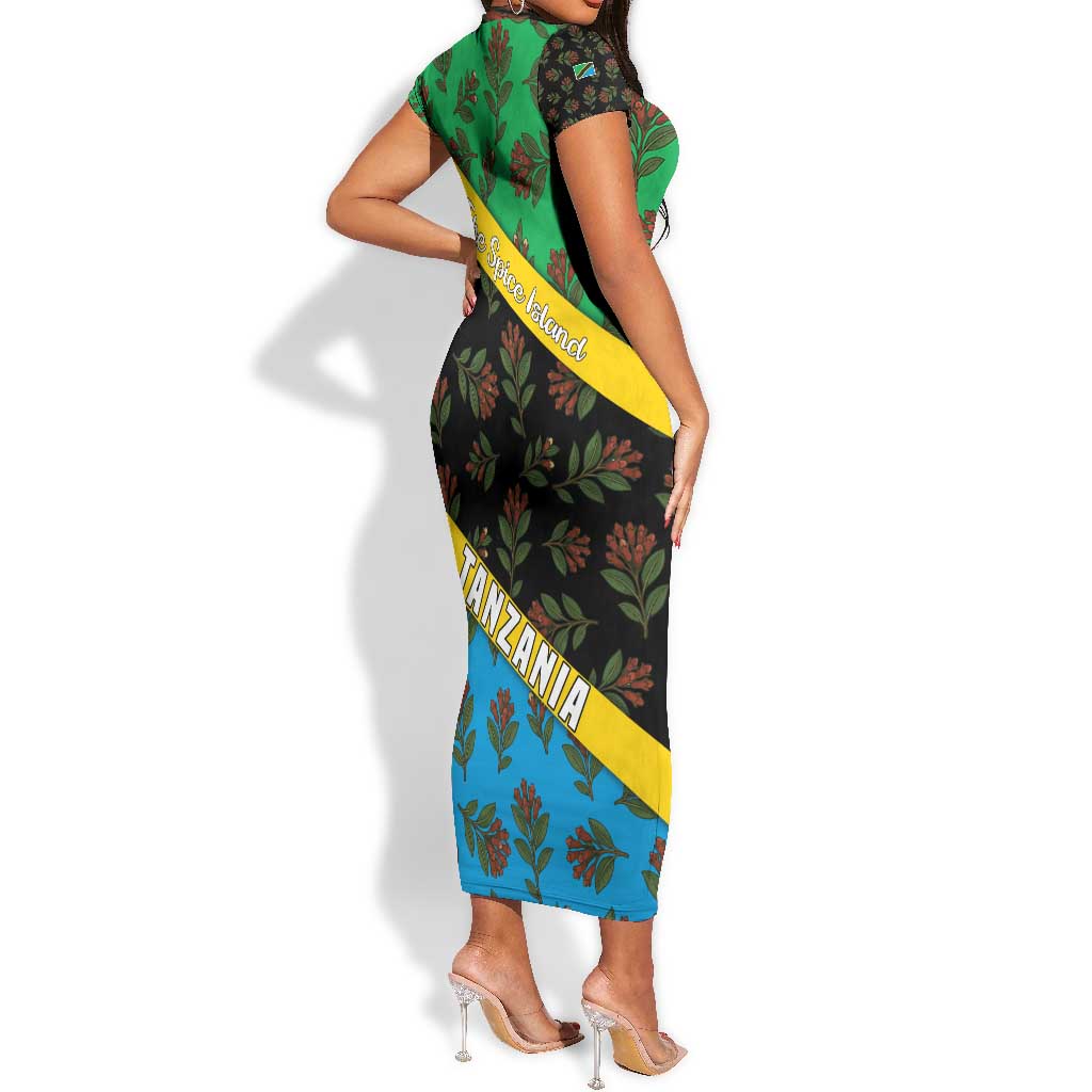 Tanzania Spice Island Short Sleeve Bodycon Dress with Clove Leaf Pattern and National Flag Colors